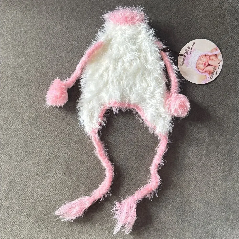 Daisy Baby Girls Infant White & Pink Feather Yarn Poodle Hat 6-12 months NEW